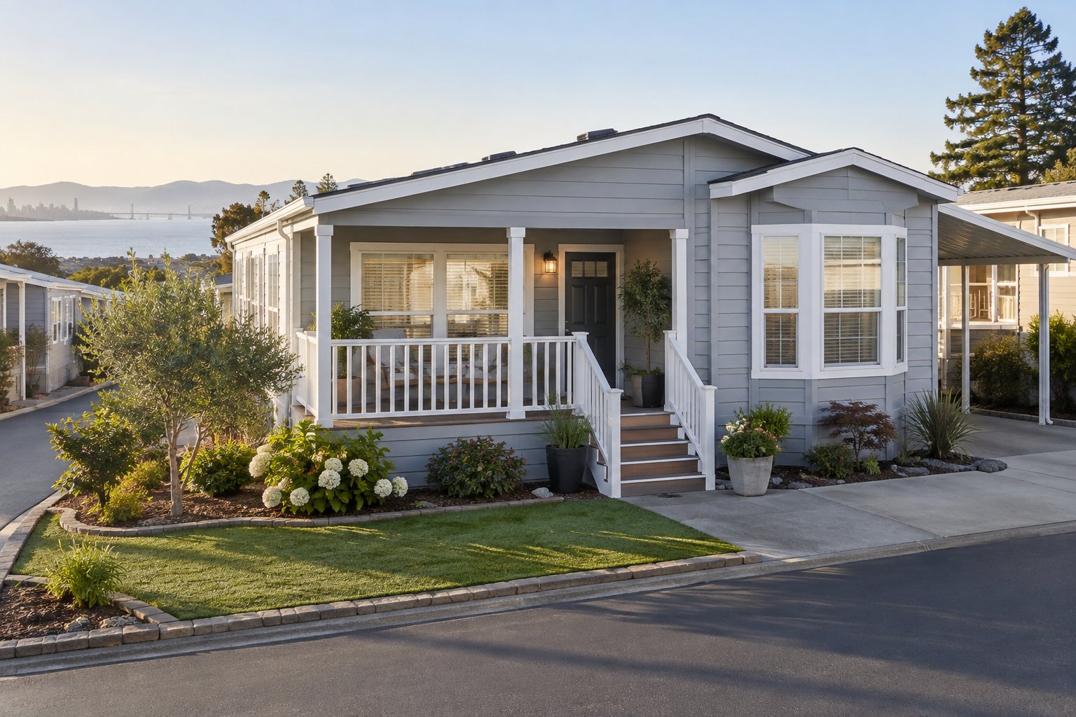 A tidy manufactured home with a front porch, illustrative