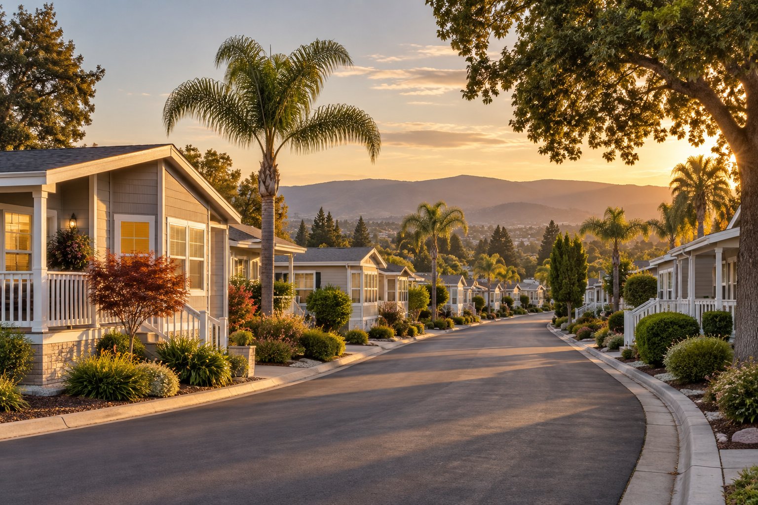A well kept Bay Area manufactured home community at golden hour, illustrative