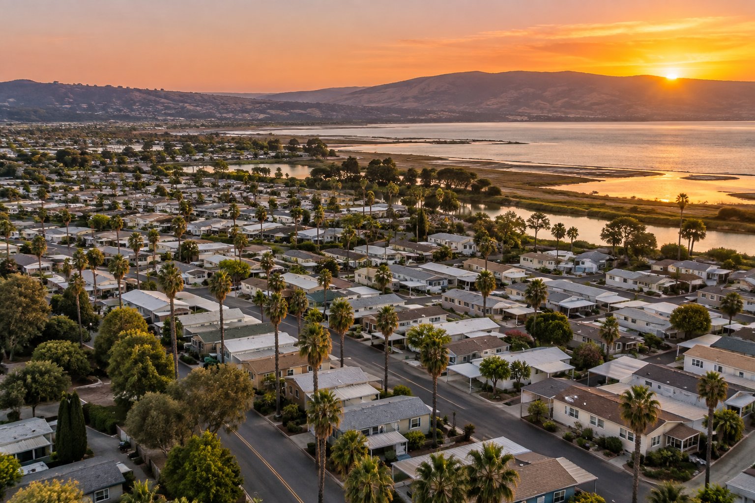 A South Bay neighborhood near the bay at sunset, illustrative