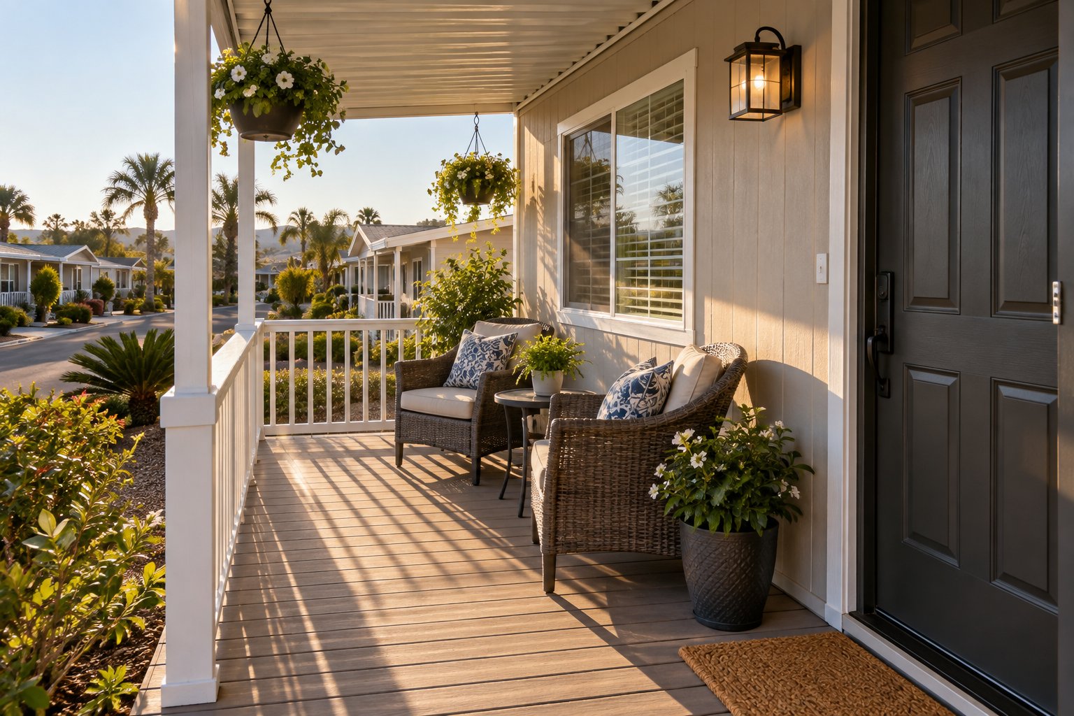 A welcoming manufactured home front porch, illustrative