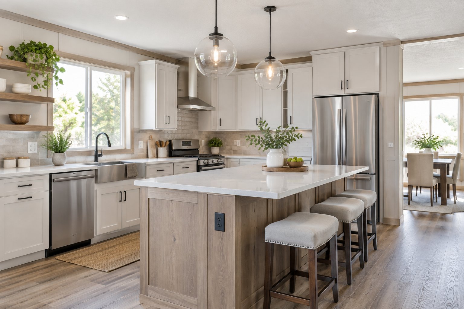 A bright modern manufactured home kitchen, illustrative